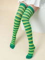 Chaussettes montantes rayées vert et jaune pour costumes de fête d'Halloween ou Noël - Chaussettes rayées vert foncé clair jaune