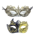 Detail of elegant black lace and gold glitter masquerade masks for Halloween parties - Gold Ox Horn Mask + Gold Lace Pointed Mask