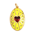 Oval gold pendant featuring a red heart zircon and yellow enamel radiant sunburst pattern - Yellow-Oval Heart Radial Pattern