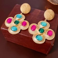 Vintage irregular clover earrings with pink, turquoise and green stones on leather case - Colorful Gem Clover Style (11#)
