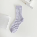 Sheer lavender crew socks with vertical dot patterns and reinforced heels on white - One Size / Polka Dot Rainbow Purple