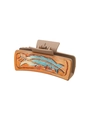 Khaki square hair claw clip with vintage leather patch featuring blue feather and arrow patterns - Khaki Blue Feather Orange Arrow (90136)