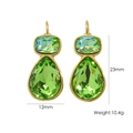 Detailed view of green crystal teardrop earrings with gold base and size dimensions - Light Green Zirconia