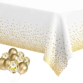 White disposable tablecloth with gold polka dots and matching party balloons set - Gold Dots