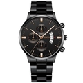 Business quartz watch for men with black alloy band, three sub-dials and date window - Black Case Black Band Rose Gold Black Dial
