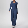 Dettaglio della giacca sportiva con zip, fori per pollici e trama a coste blu - S / Blu Navy