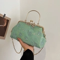 Light green mesh shell bag with sequins and 3D flower petals on a gold chain handle - Green