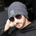 Dark grey knitted beanie for men featuring stylish aviation sunglasses and a textile patch - M (56-58cm) / NC Grey