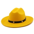 Close-up of bright yellow fedora hat with black band and gold metallic stud details - M(56-58cm) / Yellow