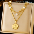 Double-layered gold titanium necklace featuring pearl accents and a round letter A pendant - Double Layer Pearl Letter A Coin Style (N3116)