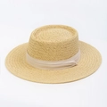 Flat top straw sun hat in natural beige with elegant matching grosgrain ribbon - Indented Crown Straw Hat - Beige with Beige Ribbon