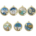DIY ocean theme resin charms with shells and starfish in golden round metal frames - Mix 7 Pcs Oil Painting Style Ocean Series-SN1105