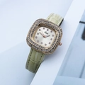 Fashionable gold square women's watch with rhinestone bezel and beige leather strap - Light Yellow Rose Gold Case