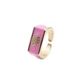 Detail of pink enamel adjustable ring with gold plating and cubic zirconia inlay - Adjustable Open / Pink