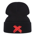 Classic black knit beanie featuring a bold red embroidered X symbol for street fashion - One Size / Black