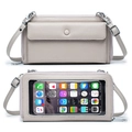 Light beige lychee leather touch screen phone bag with double zipper and crossbody strap - Grey/White