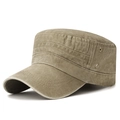 Army green washed cotton flat top cadet cap with metal eyelets and decorative stitching - Adjustable / Beige