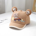 Detail of khaki baby baseball cap featuring 3D bear ears and cartoon car rubber patch - 48cm (6 Months-2 Years) / Dark Khaki
