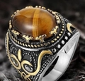 Vintage men's tiger eye stone ring with golden floral relief and blackened finish - US 7 / Two-tone Gold + Tiger's Eye