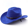 Detail of royal blue suede cowboy hat featuring a braided band and bull metallic buckle - M(56-58cm) / Sapphire Blue