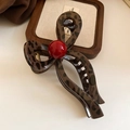 Pince à cheveux avec nœud imprimé léopard, perle rouge et finition vintage - 35# Pince à griffes-Café-Nœud léopard avec perle rouge