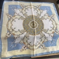 Baroque style light blue and cream faux silk square scarf with golden pattern - Ancient Mirror Blue Square Scarf / 65