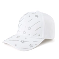 White baseball cap with rhinestone meteor patterns from a 45-degree side angle - White