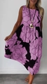 Detail of purple and black floral print on a sleeveless summer midi dress for women - Pink