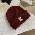 Winter chunky knit beanie hat for women in burgundy red with letter R patch detail - R Label-Wine Red