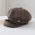 Brown plaid newsboy cap with decorative ruffle trim and a silver metal accent label - M(56-58cm) / Coffee Plaid (80858 With Logo)