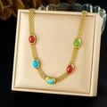 Retro vergulde ketting met meeraderige ketting en kleurrijke ovale edelstenen - Gouden Gaasketting Veelkleurige Edelstenen (N3854)