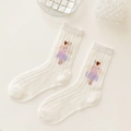 White cotton mesh socks for women featuring a delicate ballet dancer pattern print - One Size / Dreamy Purple