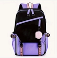 Minimalist purple and black school backpack with pink Sport strap and plush charm - Purple