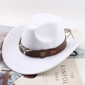White western cowboy hat featuring brown leather band and metallic ox head ornaments - Leather Strap Bull Head / White