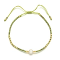 Detail of adjustable olive green braided bracelet with pearl and golden beads accent - Olive Green (Sl100-3)