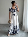 Detail of white floral maxi dress with blue leaf prints and elastic high waist - S / White