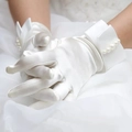 Elegant white short satin gloves with pearl beaded cuffs for weddings and formal events - White