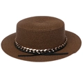 Cappello di paglia a cima piatta marrone scuro con catena dorata e nastro nero elegante - Stile Fascia Decorativa con Catena Grossa (300D) / Marrone
