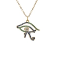 Goldene Horusauge-Halskette mit blauen und grünen Zirkonia-Steinen im Pavé-Schliff - Goldenes Auge des Horus mit buntem Zirkon