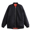 Detail of black bomber jacket with contrasting orange lining and silver metal zipper - XS / Black