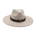 Beige felt fedora hat featuring bohemian woven band and metal bull skull ornament - Colorful Bull Head Ornament / Gray