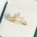 Golden open ring with enamel flower and pearl details displayed in a luxury green jewelry box - Enamel Flower Large Artificial Pearl (Gold 16)