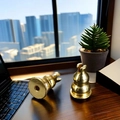 Pair of antique style brass gourd incense burners on a dark wood desk with modern office decor - Solid Gourd Incense Holder / Gold