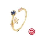 Verstellbarer S925 Silberring mit blauen Blumen und rosa Markasit-Steinen - Einstellbar Offen / Gold #3/Blau-Weiße Blütencluster