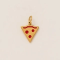 Detailed view of a gold pizza slice pendant with red enamel on a white background - Cake