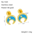 Detail of 18K gold plated stainless steel star and moon studs with blue enamel - Blue