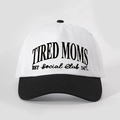 Close-up of black 'TIRED MOMS' embroidery on a high-quality white cotton canvas baseball cap - One Size / White and Black Splicing
