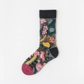 Sheer glass silk crew socks featuring colorful floral and bird embroidery in black - One Size / Squirrel
