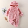 Rosa Baby-Strampler mit Kapuze aus weichem Fleece mit Bärenohren für Herbst und Winter - 59cm / Hellrosa (Plüsch-Fußstil)