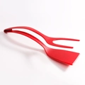 Heat-resistant red nylon spatula and fork tongs set for eggs and toast on white background - Red